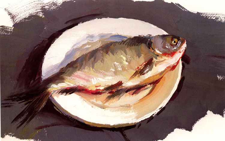 水粉白瓷盘中的鲜鱼作画步骤